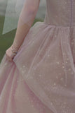 Pink A line prom dress pink tulle evening dress HZ1023