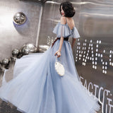 Blue tulle long A line prom dress evening dress HZ1023