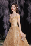 Gold tulle sequins long A line prom dress evening dress HZ1023