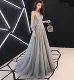 Gray tulle lace long A line prom dress evening dress HZ1023