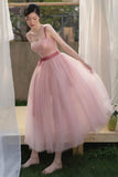 Pink tulle short A line prom dress evening dress HZ1023