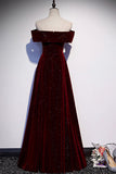 Burgundy Shiny Elegant Velvet Long A-Line Ball Gown Evening Dress HZ1023