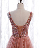 Pink v neck tulle beads prom dress A line evening dress HZ1023