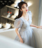 ray tulle beads long prom dress evening dress HZ1023