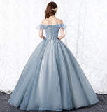 Grey tulle lace long prom gown A line evening dress HZ1023