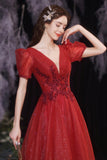 Red v neck tulle long A line prom dress evening dress HZ1023