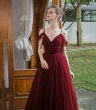 Burgundy tulle long prom dress simple evening gown HZ1023