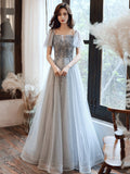 Gray tulle beads prom dress evening dress HZ1023