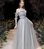 Grey tulle long prom dress grey evening dress HZ1023