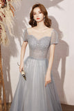Cute tulle beads long A line prom dress evening dress HZ1023