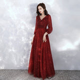 Burgundy lace long sleeve prom dress evening dress HZ1023
