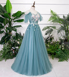 Blue v neck lace long prom gown blue evening dress HZ1023