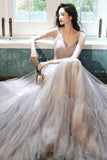 Stylish v neck tulle long A line prom dress evening dress HZ1023