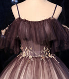 Brown Delicate Floral Applique Fashion A-Line Long Tulle Ball Gown Evening Dress HZ1023