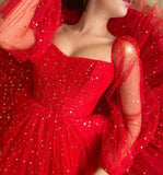 Red tulle short prom dress with long sleeve cocktail dress HZ1023