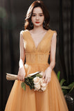 Yellow tulle tea length prom dress evening dress HZ1023