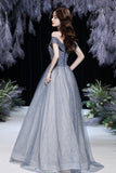 Grey tulle beads long prom dress shiny evening dress HZ1023