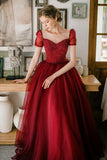 Burgundy Sparkling Beaded A-line Long Tulle Elegant Ball Gown Evening Dress HZ1023