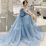 Blue tulle sequins long prom dress evening dress HZ1023