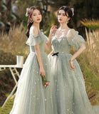 Green tulle long A line prom dress bridesmaid dress HZ1023