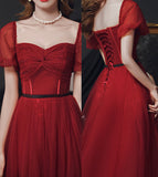 Burgundy tulle long prom dress evening dress HZ1023