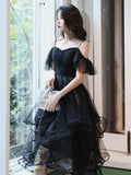 Unique design black tulle short prom dress HZ1023