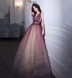 Pink v neck tulle long prom dress evening dress HZ1023