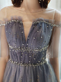 A line tulle sequins long prom dress HZ1023
