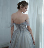 Grey tulle beads long prom dress evening dress HZ1023