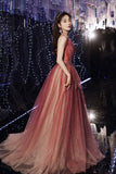 Shiny tulle sequins long prom dress A line evening dress HZ1023