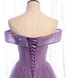 Purple tulle beads long A line prom dress evening dress HZ1023