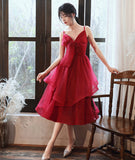 Burgundy v neck tulle sequins prom dress homecoming dress HZ1023
