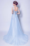Blue tulle lace long A line prom dress blue evening dress HZ1023