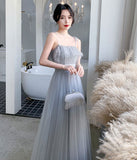 Gray tulle sequins long prom dress party dress HZ1023
