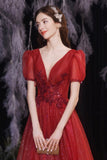 Red v neck tulle long A line prom dress evening dress HZ1023