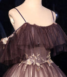 Brown Delicate Floral Applique Fashion A-Line Long Tulle Ball Gown Evening Dress HZ1023