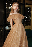 Gold tulle sequins long prom dress evening dress HZ1023