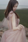 Pink A line prom dress pink tulle evening dress HZ1023