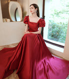 Burgundy satin long A line prom dress evening dress HZ1023
