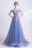 Blue tulle lace long A line prom dress evening dress HZ1023