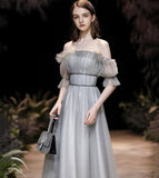 Grey tulle long prom dress grey evening dress HZ1023