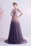 Purple gradient tulle long A line prom dress evening dress HZ1023