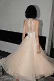 Cute tulle see through short prom dress champagne evening dress HZ1023
