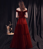 Stylish tulle long prom dress burgundy evening dress HZ1023