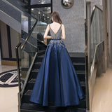 High quality v neck beads long prom dress blue evening dress HZ1023