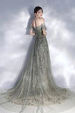 Grey sequins long A line prom dress evening dress HZ1023
