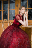 Burgundy tulle short prom dress A line evening dress HZ1023
