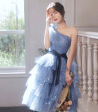 Blue tulle short prom dress one shoulder evening dress HZ1023