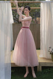 Pink tulle short A line prom dress evening dress HZ1023