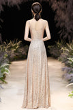 Champagne sequins long A line prom dress evening dress HZ1023